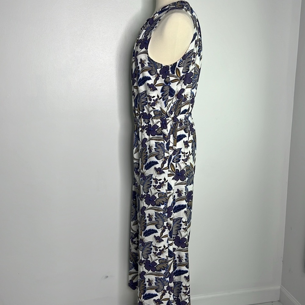 LOFT Purple linen tropical floral print Ruffle Neck Jumpsuit Wide Leg large - Picture 9 of 11